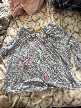 Ruby Rd. Pastel Lavender & Mint Tie-Front Off-the-Shoulder Sweater